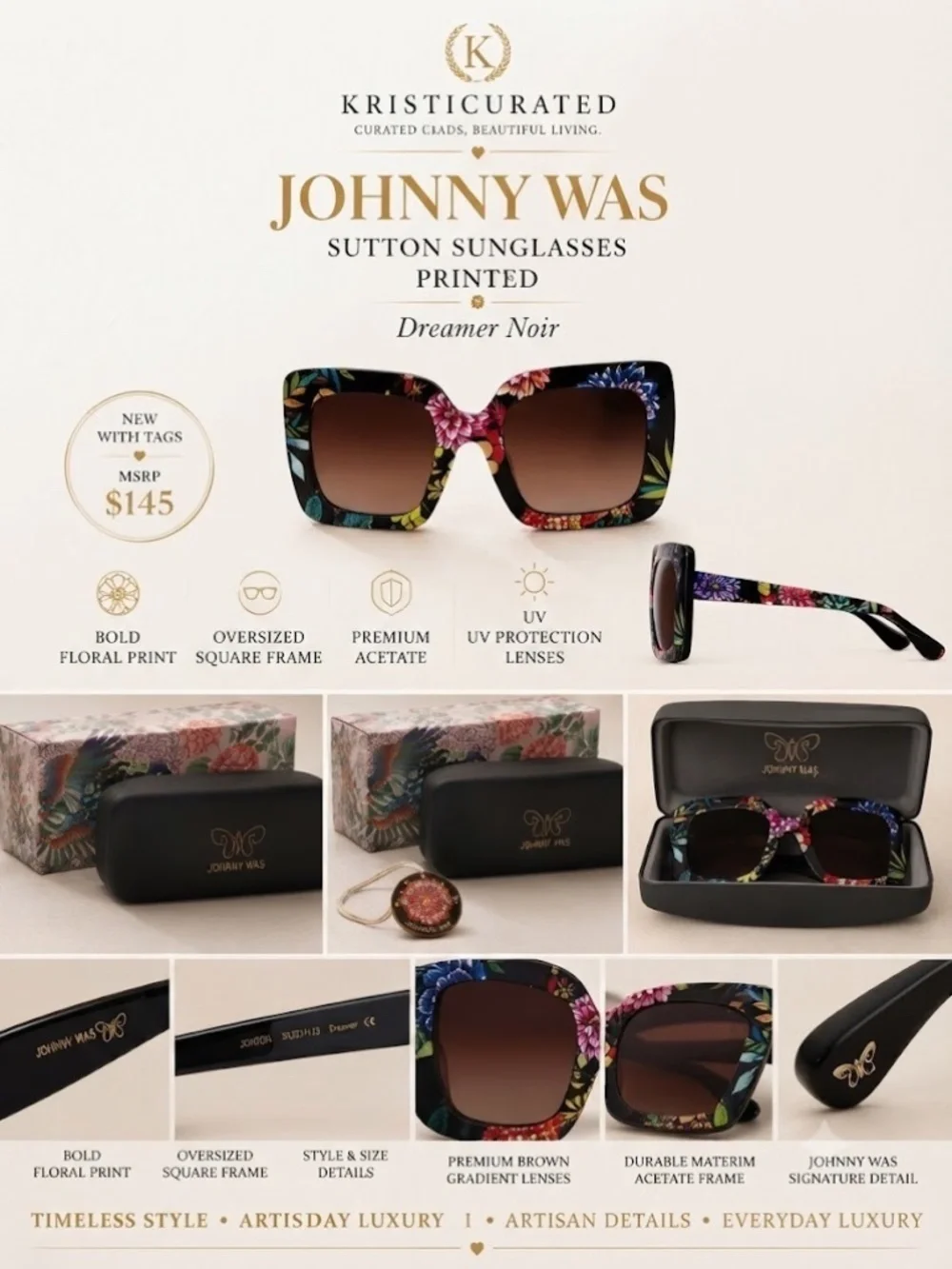 🌸 Johnny Was Sutton Print Oversized Sunglasses | Dreamer Noir | NWT | MSRP $145